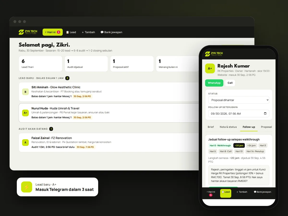CRM ZYK: senarai lead hari ini dan jadual follow-up di telefon